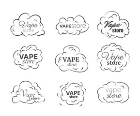 Vape store badges or emblems set doodle vector illustration isolated.