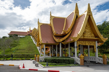  Chon Buri, Thailand, December 4, 2022 . Wat Boonyawad. It is a temple with a very wide area..There is a Pagoda on the hill natural atmosphere.mountain view