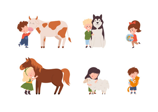 Children hugging and petting pets and farm animals vector illustration isolated.