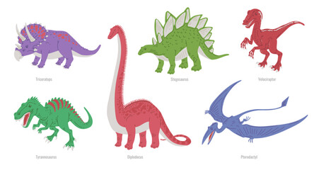 Set of various dinosaurs with names - flat vector illustration isolated on white background.