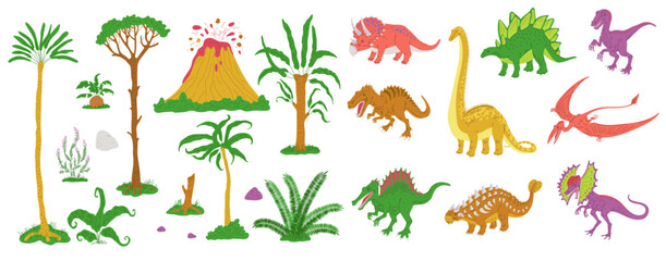 Jurassic and Mesozoic era icons set of dinosaurs and plants flat vector isolated.