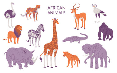 African animals set, flat vector illustration isolated on white background.