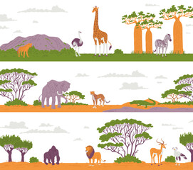 Set of panoramic scenes with African animals and trees flat style