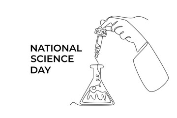 Single one line drawing scientist hand dropping chemical liquid to flask in a laboratory. Science day concept. Continuous line draw design graphic vector illustration.