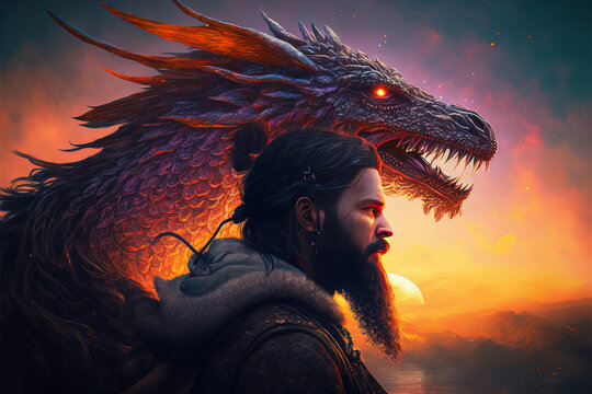 Fantasy man with his spirit dragon guide - Created with generative AI technology