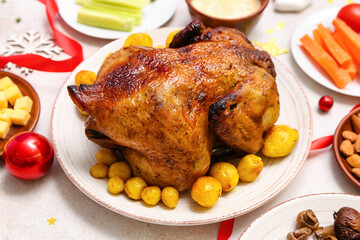 Baked chicken for Christmas dinner on table