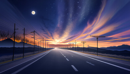 Obraz premium Drawing of the night road. A beautiful sky with the moon and stars. Power transmission towers. The road into the distance.