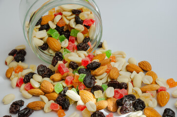 a mixture of assorted nuts, raisins, candied fruits. Sports healthy nutrition