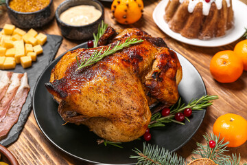 Christmas table setting with tasty chicken on wooden background, closeup