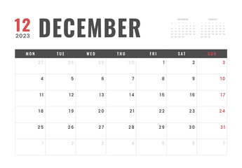 Monthly Calendar Template of december 2023. Vector simple gray grid layout for wall or desk calendar with week start on Monday for print