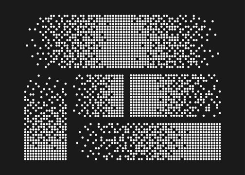 Pixel disintegration background. Halftone fragment. Dispersed dotted pattern. Concept of disintegration. Square pixel mosaic textures with square particles. Vector illustration on black background.