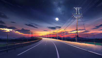 Drawing of the night road. A beautiful sky with the moon and stars. Power transmission towers. The road into the distance.
