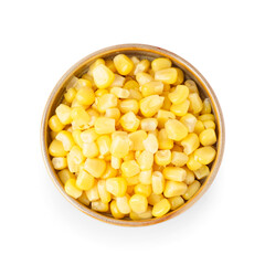 Bowl of canned corn isolated on white background