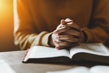 Christian life crisis prayer to god. Woman holding hands pray for god blessing to wishing have a...