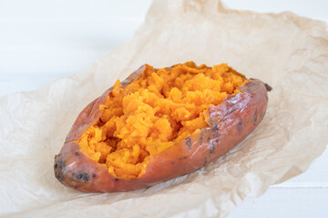 Mashed sweet potato Batata inside baked sweet potato skins.
