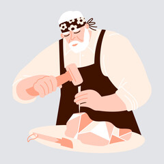 Male sculptor carving a piece of stone using chisel and hammer.  Portrait of a man working on a sculpture. Vector flat illustration with stonecutter
