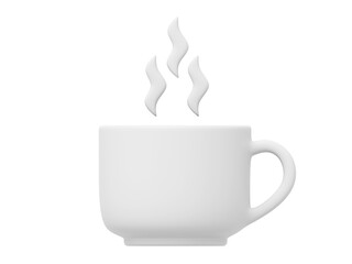 White mug with hot drink and steam. 3D rendering. Icon on white background.