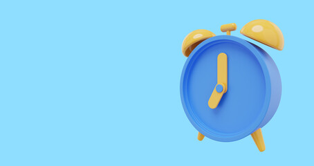 Minimal blue cartoon alarm clock, side view . 3D rendering. Icon on blue background, space for text.