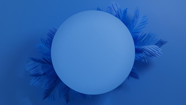 Circle Botanical Frame with Palm Plant Border. Blue, Trendy Design with copy-space.