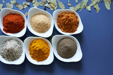 Different kinds of spices on a blue background. Dried garlic and three types of peppers.
