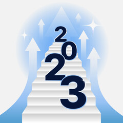 2023 Happy New Year with rise up arrow and stairs in blue gradient background