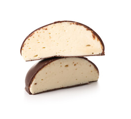 Chocolate bird's milk candies on white background