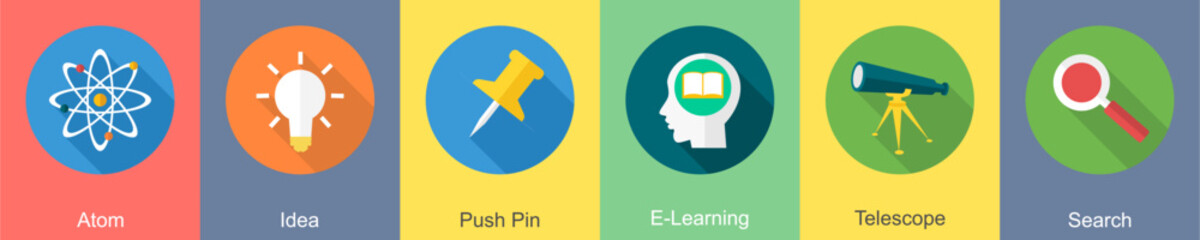 A set of 6 Education icons as atom, idea, push pin