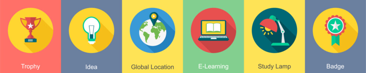 A set of 6 Education icons as trophy, idea, global location