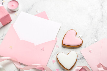 Blank letter with cookies on grunge background, closeup. Valentine's Day celebration