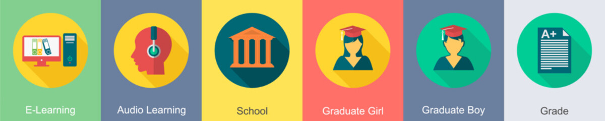 A set of 6 Education icons as e learning, audio learning, school