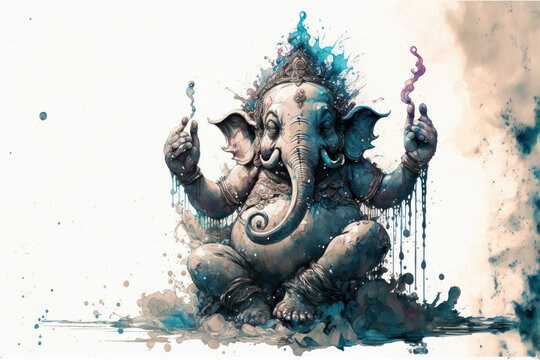 Generative AI : Hindu God Ganesha, painted using paint splashes	