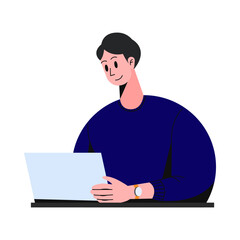 Man working on his laptop, smiling man with blue sweater and watch doing his freelance job seriously, people illustration vector.