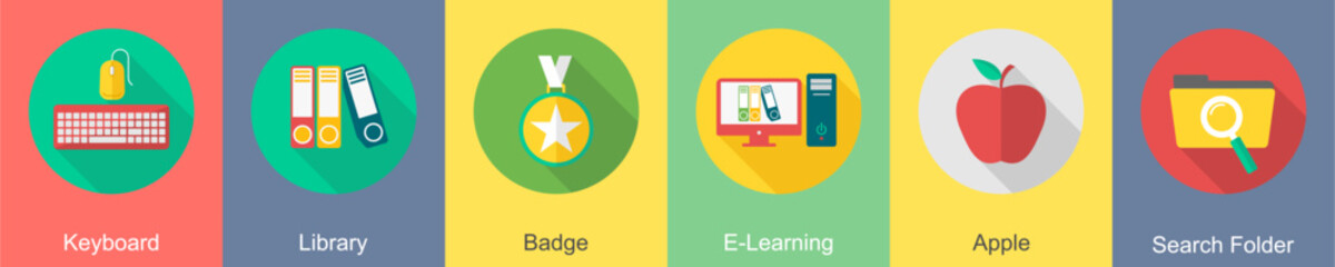 A set of 6 Education icons as keyboard, library, badge