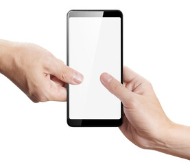 Hands sharing black smartphone, isolated on white background
