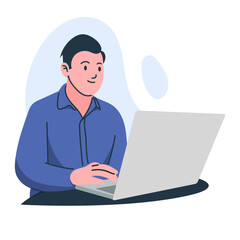 Fototapeta na wymiar Business man wearing blue shirt working with his laptop in the office or home, employee, freelancer, illustration vector flat style.