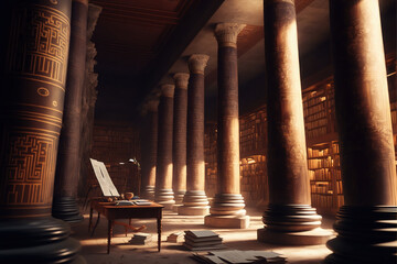 generative AI : inside of the ancient library at Alexandria. Huge racks of papyrus scrolls. Walls covered with hieroglyphs