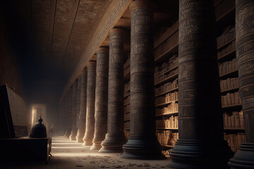 generative AI : inside of the ancient library at Alexandria. Huge racks of papyrus scrolls. Walls covered with hieroglyphs - obrazy, fototapety, plakaty
