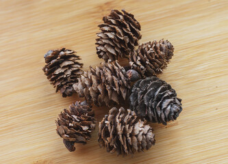 Dry and empty cones on wooden background.