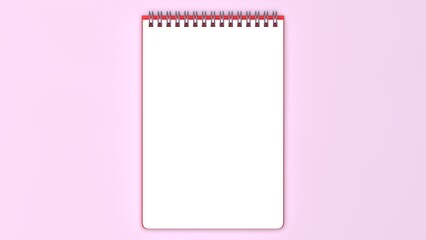 White paper notepad with red cover and silver spiral ring under pink lighting background. Concept 3D CG of business reporting, communication and consultation.