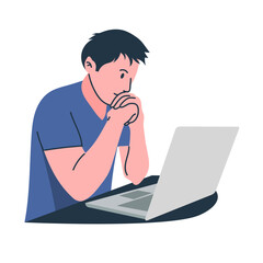 Fototapeta na wymiar Young businessman thinking in front of his laptop, employee working using laptop at the office, freelancer at home, illustration vector flat style.