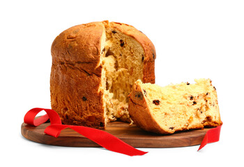 Board with cut Panettone and red ribbon on white background