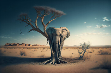 Fototapeta na wymiar A large matured elephant on the desert or destroyed dry forest. Finding water and food and trying to break a tree.. Ai generative