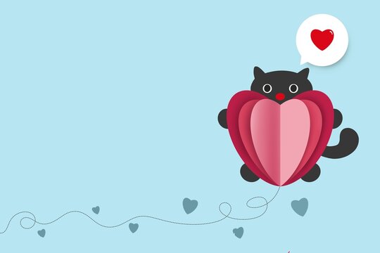 Valentine's Day greeting card. A black cute cat is holding red heart. Paper cut design