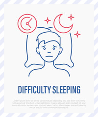 Insomnia: tired man lying on pillow, sleepless, depression, stress. Thin line icon. Vector illustration.