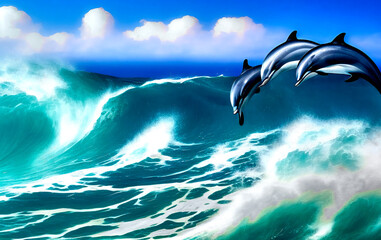 Jumping dolphins over high waves with whitecaps and roaring spray under blue sky, made with generative AI