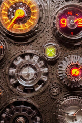 Detail of unreal time machine with gears, displays and luminous digits, made with generative AI