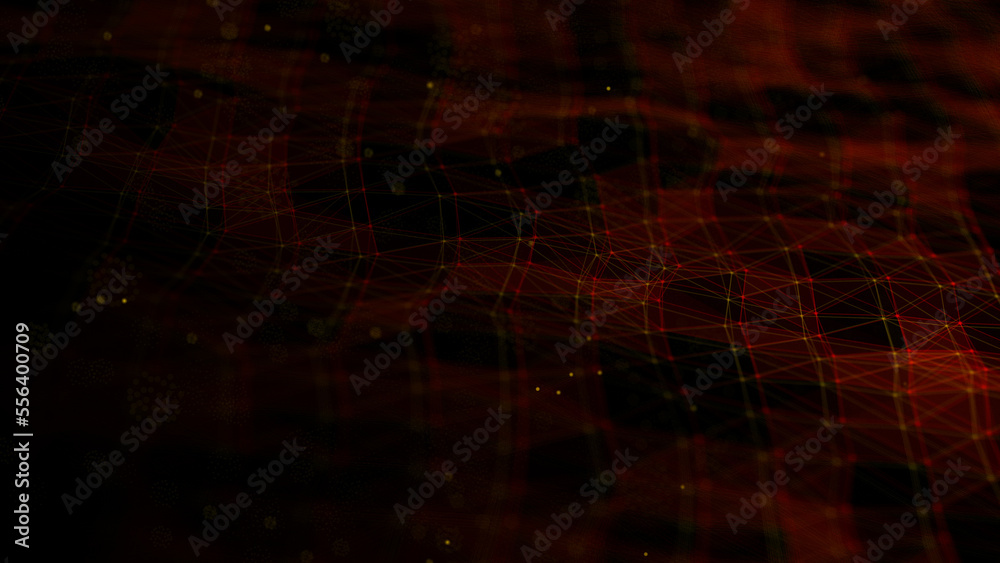 Poster Futuristic wave with lines and dots. Abstract background with a dynamic wave. Particle placement with hanging dots in space. Large data background. 3d rendering.
