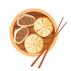 Dim sum, traditional Chinese dumplings, in bamboo steamer basket. View from above. Asian food vector illustration.