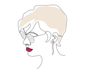 abstract portrait of a girl with glasses with a short haircut looking down, hand drawn, mono line, one line art Logo of a SPA salon, massage salon, beauty salon, hair salon