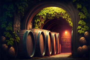 Winery, wine cellar with many barrels and bottles of wine, interior furnished traditional, retro